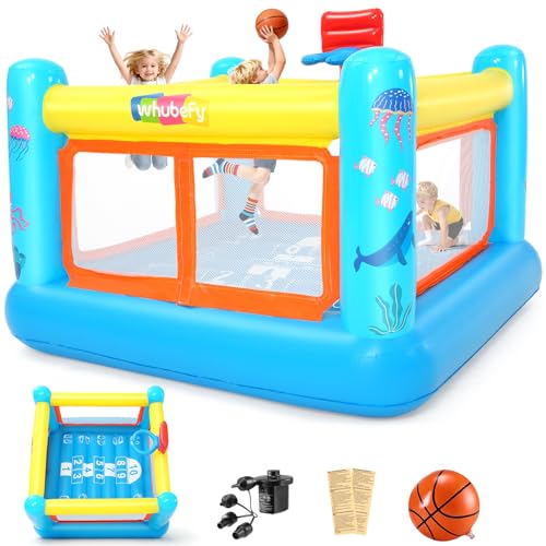 AKEYDIY Castillo hinchable hinchable de 172 x 172 x 128 cm, hinchable de PVC para niños de 3 a 6 años, para interiores y exteriores, incluye canasta de baloncesto, plan de juego, soplador y baloncesto