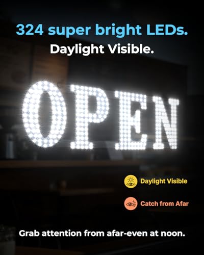 Image of Open Sign for Business, 30 inchx10 inch Jumbo Open Sign with Timer and Remote Control, Dynamic Light Modes Led Signs for Storefront Window Bar Salon Cafes Retail Shops White