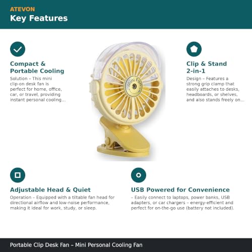 Image of Atevon Portable Clip Desk Fan - Mini Personal Cooling Fan