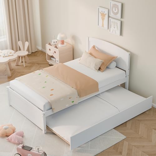 image for Xilingol Trundle Bed Twin, Solid Wood Bed Frames with Headboard and Wo