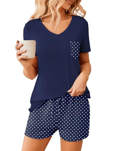 Image of Ekouaer Womens Pajama Sets Short Sleeve Pajamas for Women Sets Soft Lounge Sets Casual V Neck Sleepwear PJS