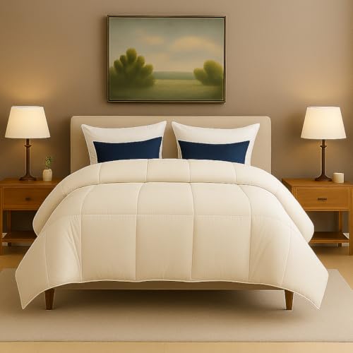 Image of Bed Comforter Single Size - Ivory - 300 GSM Quilt Blanket Rajai - Winter Warm Down Alternative Duvet Insert with Corner Ties