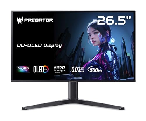 Image of Acer Predator Gaming Monitor | 26.5 inch WQHD 2560 x 1440 OLED | AMD FreeSync Premium Pro | 500Hz | 0.03ms | VESA DisplayHDR True Black 500 | USB Type-C, 2 x DP 1.4 & 2 x HDMI 2.1 | X27U F5bmiippruzx