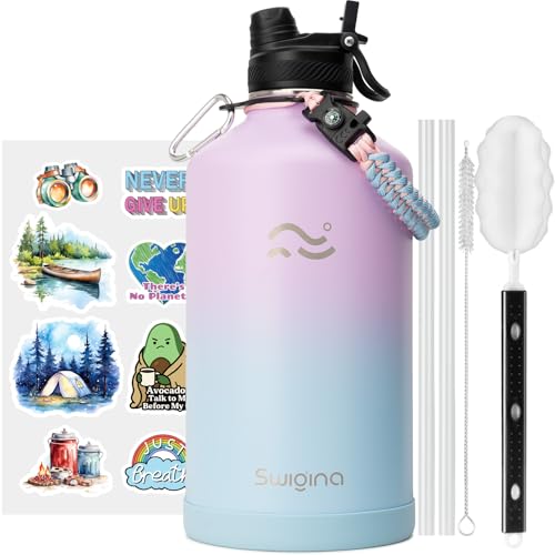 Image of Swigina [2-IN-1 LID] Gallon Insulated Water Bottle with Silicone Boot (48hrs Cold /24hrs Hot) - DIY Stickers, Leakproof, BPA Free, 128 oz