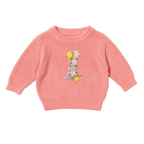 Image of Toddler Baby Boys Girls Boho First Birthday Outfits Embroidery Knitted Pullover Sweaters Long Sleeve Crochet Top Fall Winter Cake Smash 1st Birthday Outfit Clothes Photo Shoot Pink Floral 1 Year