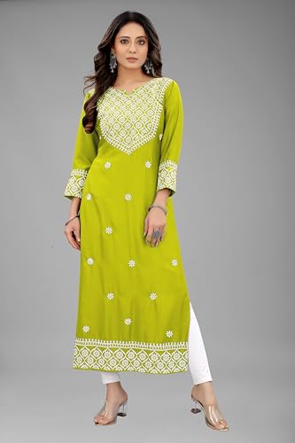 Image of Women's Rayon Embroidered Straight Kurti Under 499 Designer Attractive Look Women's Kurta