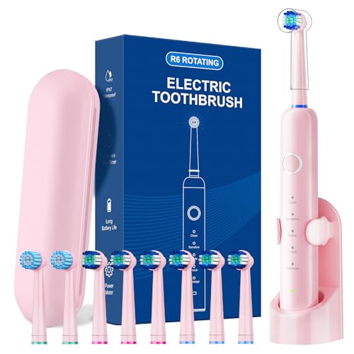 Image of Rotating Electric Toothbrush for Adults, 8 Brush Heads (2 Types) & Travel Case, 5 Cleaning Modes Rechargeable Power Toothbrush with 2-Minute Smart Timer, Pink