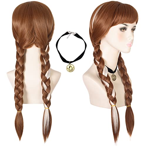 morvally Long Brown Braided Cosplay Wig for Women with Necklace Pigtails Synthetic Hair Wigs for Princess Costume Halloween Party Adult Size (Adult)