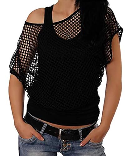 Smile Fish Women Casual Sexy 80s Costumes Fishnet Neon Off Shoulder T-Shirt