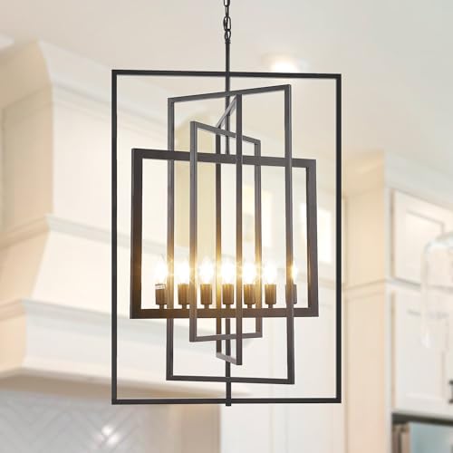Black Farmhouse Chandelier, 7-Light Lantern Pendant Light Fixtures, Rustic Industrial