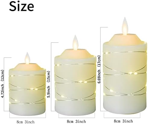 Battery Operated Led Flameless Candles :with Embedded String Lights,3 Pack Ivory Flickering Electric Candle lamp ,with 10-Key Remote Control and Cycle 24 Hours Timer Festival, Party, Home Decor