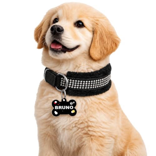 Image of Nylon Customized Dog Neck Belt Collar with Name ID Tag, Soft Fur Padded Dog Collar | for 36-45 Kilograms Dogs (XL, Black),10 Cm,5 Cm