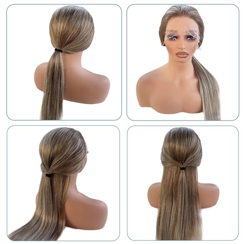 Image of Munx Ash Blonde Lace Front Wig Human Hair for White Women, Pre Plucked 13x4 Ombre Highlight Wig Human Hair Natural Hairline Full 180% Density Brown and Blonde Glueless Frontal Wigs 16 inch