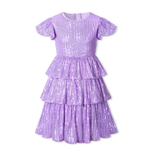 WELAKEN Girls Sequin Dress with Glittering Flutter Sleeves and Tiered Layers
