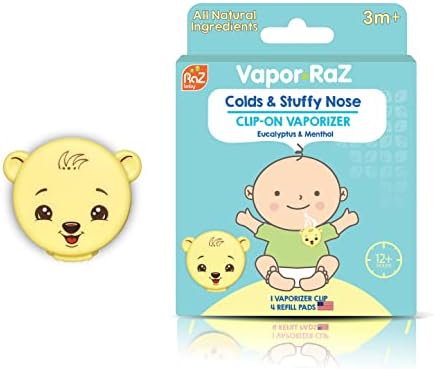 RaZbaby Vapor-Raz Clip-On Vaporizer - Cough & Cold Relief - Use at Home & On The Go - Al Natural Menthol & Eucalyptus Baby Oil Aromatherapy - 4 Vapor Pads Refills