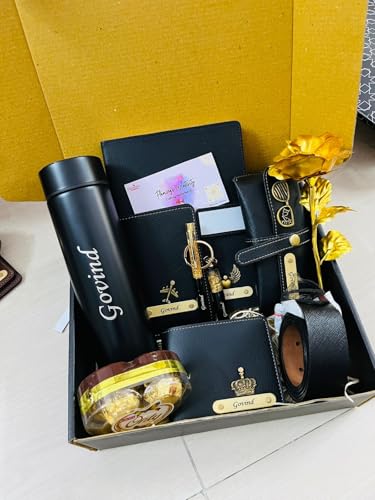 Image of Personalized Men's Gift Hamper | Custom Name Set - Diary, Temp Bottle, Wallet, Belt, Passport Cover, Keychain, Pen, Sunglass Cover, Golden Rose, Chocolate & Card
