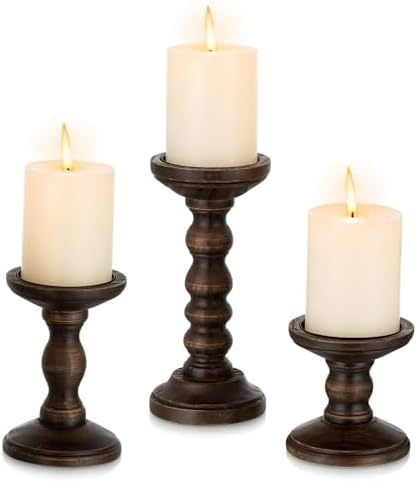 Romadedi Wood Candle Holders for Pillar - Set of 3 Tall Rustic Vi...