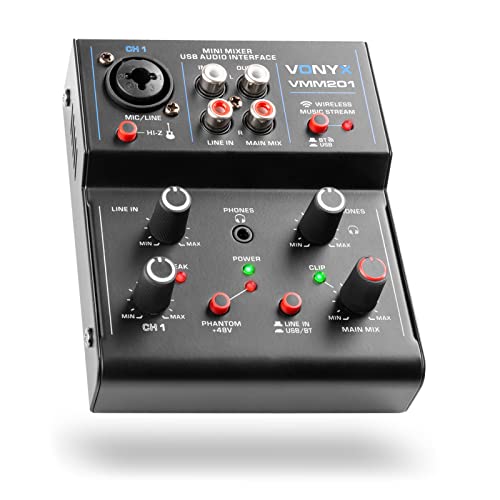 Vonyx VMM201 Mini Table de Mixage USB - 2 Canaux, Carte Son Intégrée, 1 Entrée Jack/XLR, 1 Entrée RCA, 1 Sortie RCA, 1 Sortie Casque, Alimentation Fantôme 48V, Idéal pour Animer vos Soirées