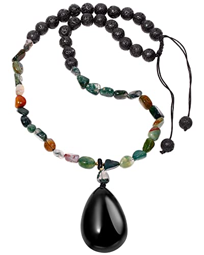 Wizock Black Obsidian Drop Shape Pendant Moss Agate/Lava Stone Chain Necklaces for Women Men Essential Oil Diffuser Crystal Necklace Brithday Gifts