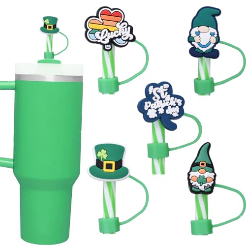 10mm Straw Cover Caps for Stanley Cup 30&40 Oz Tumbler, St.Patrick's Day Straw Topper Silicone Reusable Straw Plugs Green Shamrock Stanley Cup Accessories, Straw Tips for Kids Party Favors-5Pcs