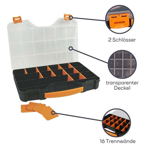 Perel Sortimentskasten, Kunststoff Aufbewahrungsbox, max. 20 Fächer mit 16 herausnehmbaren Trennwänden, transparenter Deckel, stapelbar, für Schrauben Muttern Nägel und Kleinteile, Werkstatt Garage