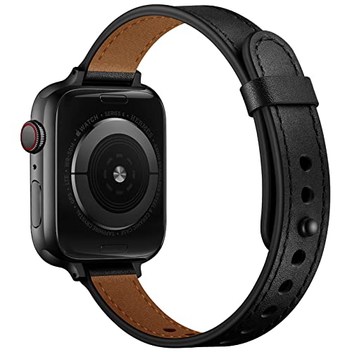 Bracelet Apple Watch en cuir véritable noir fin pour boîtiers 38mm 40mm 41mm toutes séries