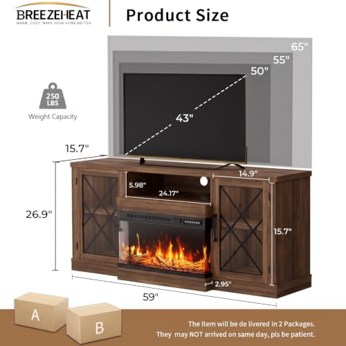 Image of BREEZEHEAT Fireplace TV Stand for TVs up to 70 inch, 3-Sided Electric Entertainment Center with 24 inch LED Fireplace, Media Console w /Storage Cabinet & Glass Doors, 59Inch, Walnut