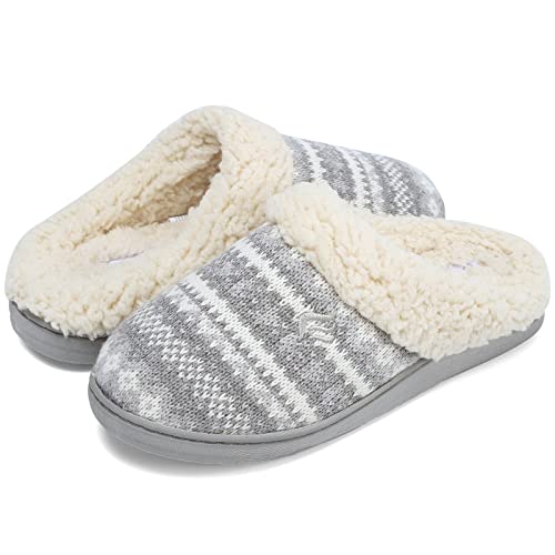 CIOR Women's Memory Foam House Slippers Sweater Knit Embroidered Pattern and Ribbed Hand-Knit Collar-U120MTW014-01-New Light Gray-40-41