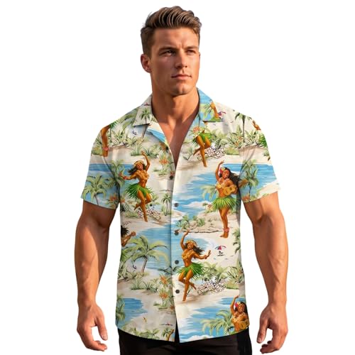 Camisa hawaiana manga corta hombre con estampado de playa flamencos y flores