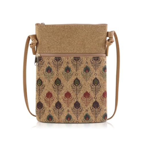 FuninCrea Handytasche zum Umhängen Damen, Kork Umhängetasche Damen Klein mit Retro Gedrucktem Muster, 2 Reißverschlusstaschen Handy Tasche Damen mit Schultergurten zum Einkaufen Spaziergänge (Stil 2)