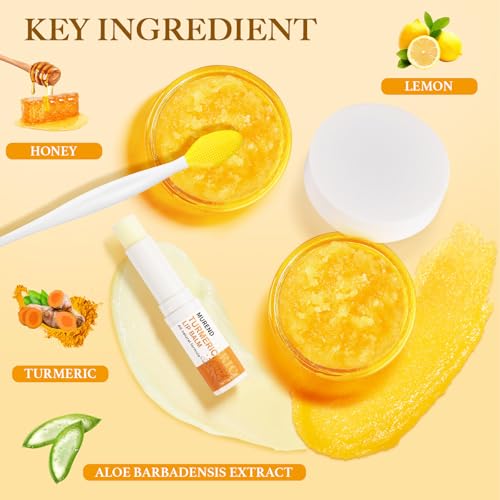Image of 3PCS Turmeric Lemon Lip scrub and Turmeric Lip Balm with Brush Set, Lip Scrubber Exfoliator, Dark Lips Treatment for Smokers, Natural Exfoliator & Moisturizer Cracked, Dull, Reduce Fine Lines Lips