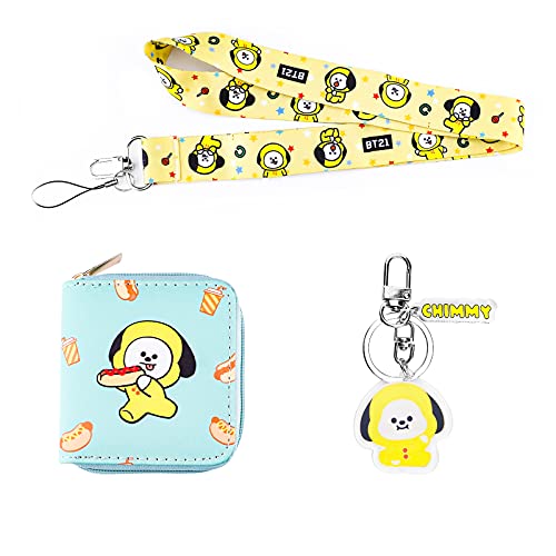 Kpop BTS Bangtan Boys Wallet Cartoon BT/21 Character Purse Pouch ID Credit Card Holder with Lanyard Keychain(KWC-CHIMMY)