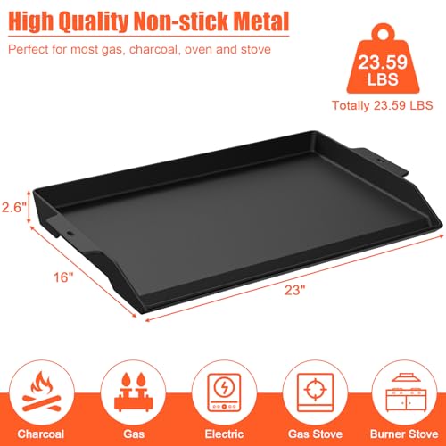Cast Iron Griddle for Gas Grill, 23\" x 16\" Large Matte Porcelain Enamel Griddle for Gas & Charcoal Grills, Universal Flat Top Plate with Extra High Sidewalls for Camping, Tailgating, Parties