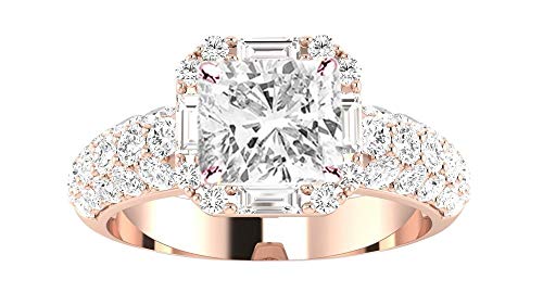 14K White Gold 1.75-4.75 Carat LAB GROWN DIAMOND Designer Popular Halo Style Baguette And Pave Set Round Cushion Cut Diamond Engagement Ring (E-F Color VS2-SI1 Clarity 1 Ct Center)