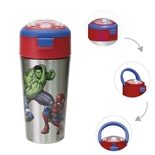 Zak Designs Comics Durable Stainless Steel Straw Bottle With Push-Button Flip Lid Vacuum Insulation Keeps Drinks Cold, Bpa Free, 12Oz, Marvel Universe #TOP1