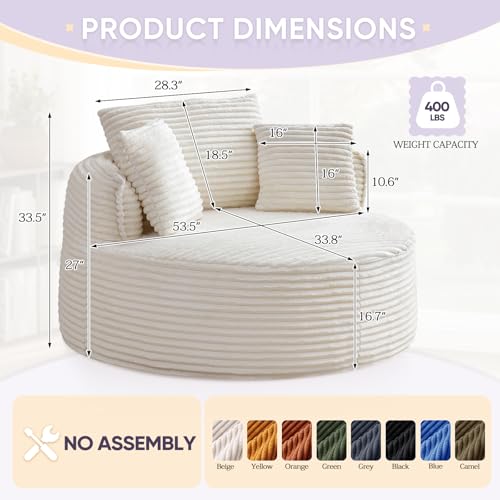 Image of Antetek 53.5-inch Round Chair, Modern Accent Corduroy Comfy Deep Seat Boneless Foam Floor Single Circle Chaise Sofa Chair with 3 Pillows for Living Room Bedroom Office, No Assembly Required, Beige