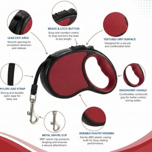 Image of Cawypety Retractable Dog Leash, 16ft /5M Heavy Duty Extendable Dog Walking Lead | One-Hand Brake & Lock, 360 Tangle-Free | Durable Pet Leash with Ergonomic Anti-Slip Handle for All Small,Large Breeds