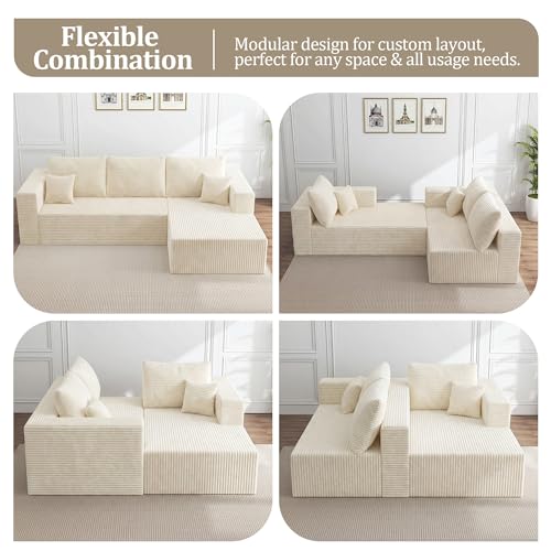 Image of 92.5 inch Modular Sectional Sofa, L-Shaped Cloud Couch with Deep Seats & Chaise, Convertible 4-in-1 Corduroy Boneless Couches for Living Room, Bedroom, No Need Assembly - Beige(Right Facing Chaise)