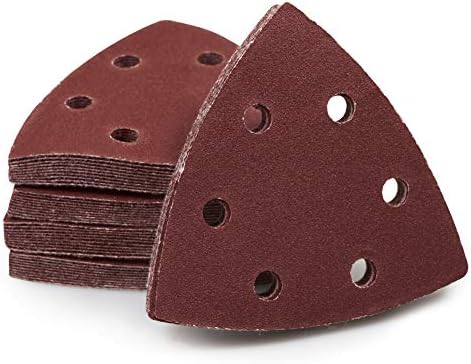 SPEEDWOX 50 Pcs Triangle Sanding Pads Hook and Loop 40 Grit Oscillating Sanding Pad 90mm 6 Holes Fit 3-1/2 Inches Oscillating Multi Tool Detail Sander Sandpaper Triangle Sanding Discs Sanding Tool