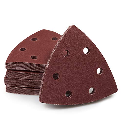 SPEEDWOX 50 Pcs Triangle Sanding Pads Hook and Loop 150 Grit Oscillating Sanding Pad 90mm 6 Holes Fit 3-1/2 Inches Oscillating Multi Tool Detail Sander Sandpaper Triangle Sanding Discs Sanding Tool