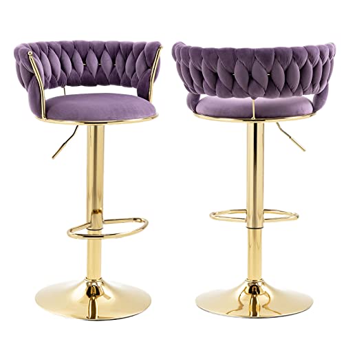 Kivenjaja Velvet Woven Bar Stools Set Of 2, Modern Height Adjustable Swivel Barstools Counter Chairs With Back & Golden Metal Base For Pub, Kitchen, Cafe (Purple) #TOP10