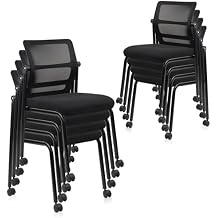 CLATINA Stacking Armless Office Waiting Room Chair with Wheels, Stackable Mesh Guest Reception Desk Chairs with Adjustable Backrest for Conference Lobby Side School, Black, 8 Pack