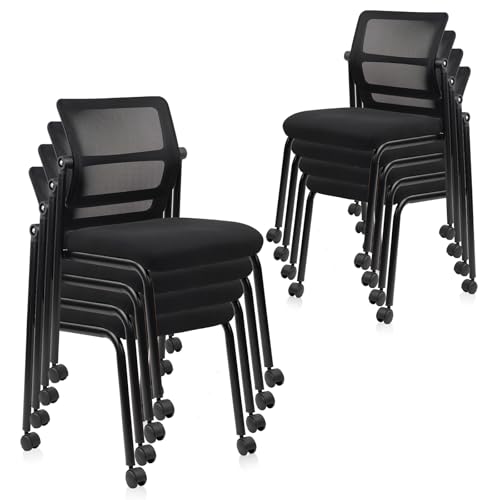 Image of CLATINA Stacking Armless Office Chair with Wheels, Stackable Mesh Guest Reception Desk Chairs with Adjustable Backrest for Waiting Room Conference Lobby Side School, Black, 8 Pack
