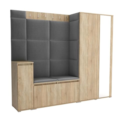 Brent - Garderobenschrank Flur Sonoma Eiche mit sitzbank 220 cm Breit Luton 8 - Multifunktionale Flurgarderobe Set mit Stauraum und Wandpaneel, Garderobe mit Sitzfläche und Kleiderhaken