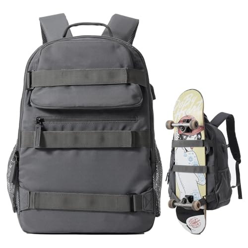 Mochila de skate, bolsa de skate grande para homens e mulheres, bolsa para laptop com porta USB, para skate, faculdade, viagem, Cinza, Esportes
