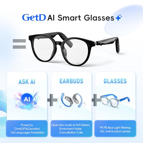 GetD AI Glasses for Men & Women, Smart Glasses Powered by ChatGPT with 145-Language Translation, Bluetooth 5.4 Glasses,Blue Light Filtering,11H Music Play for Driving, Travel, Business Daily Use