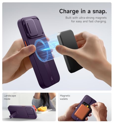 Image of SURITCH for iPhone 15 Pro Case with Magnetic Camera Slide Cover and Adjustable Kickstand, Compatible with MagSafe, Shockproof Bumper Case Slim Protective Cover 6.1 Inch, Dark Purple