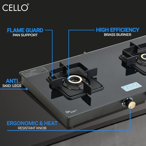 Image of Cello Black Pearl 2 Burner Toughened Glass Top Gas Stove, Brass Burners, Black Finish Brass Manual Gas Stove, 1 Year Warranty (2 Burner)