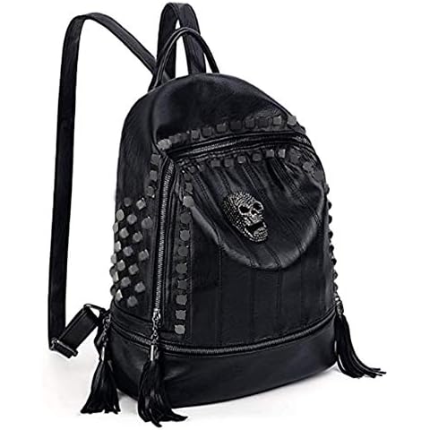 Women Skull Backpack Rivet Studded Fashion Daypack Gothic Punk Satchel Purse with Tassel Zipper Design, Black Cover