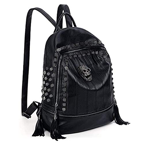 AlwaySky Frauen-Schädel-Rucksack Rivet Beschlagene Modus Daypack Gothic Purse Tassel Zipper (Black)